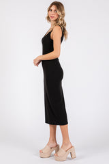 Black Ribbed Sweetheart Neck Midi Dress