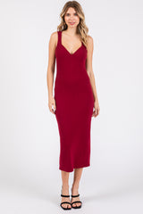 Burgundy Ribbed Sweetheart Neck Midi Dress