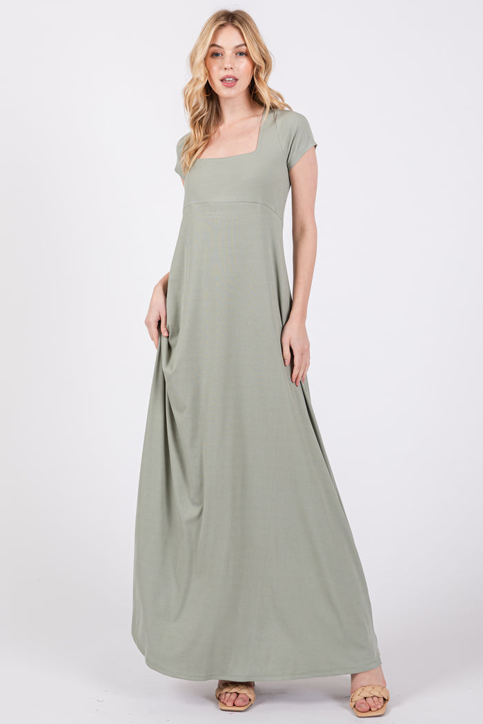 Light Olive Ribbed Square Neck Short Sleeve Maternity Maxi Dress