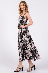 Black Leaf Print Satin Square Neck Midi Dress