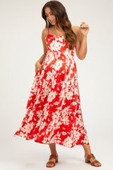 Red Leaf Print Satin Square Neck Maternity Midi Dress