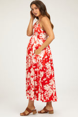 Red Leaf Print Satin Square Neck Maternity Midi Dress