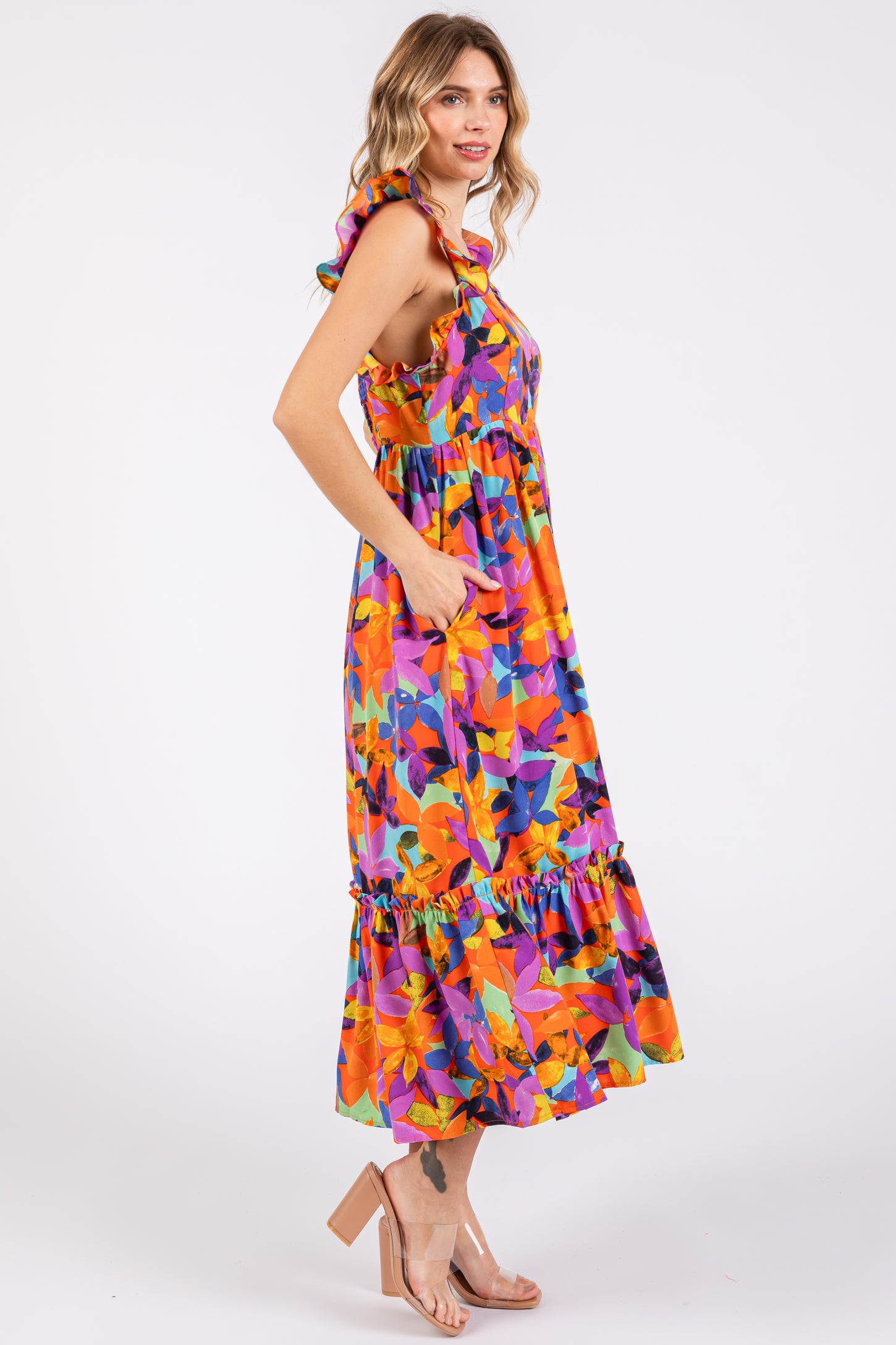 Orange Floral Satin Square Neck Ruffle Strap Midi Dress