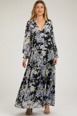 Black Floral Chiffon Deep V Ruffle Tiered Maternity Maxi Dress