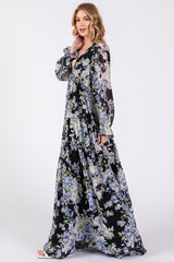 Black Floral Chiffon Deep V Ruffle Tiered Maxi Dress