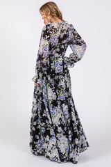 Black Floral Chiffon Deep V Ruffle Tiered Maxi Dress