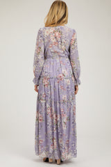 Lavender Floral Chiffon Deep V Ruffle Tiered Maternity Maxi Dress