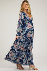 Navy Blue Floral Chiffon Deep V Ruffle Tiered Maternity Maxi Dress