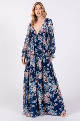 Navy Blue Floral Chiffon Deep V Ruffle Tiered Maternity Maxi Dress