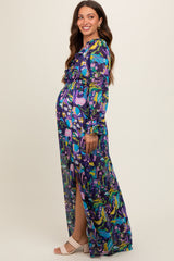 Purple Print Ruffle Long Sleeve Maternity Maxi Dress