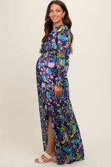 Purple Print Ruffle Long Sleeve Maternity Maxi Dress