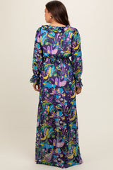 Purple Print Ruffle Long Sleeve Maternity Maxi Dress