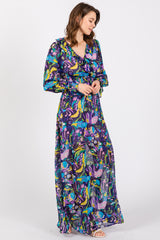 Purple Print Ruffle Long Sleeve Maxi Dress