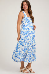 Blue Floral Sleeveless Tiered Maternity Maxi Dress