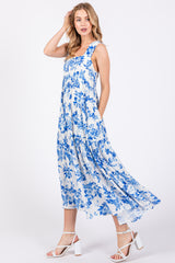 Blue Floral Sleeveless Tiered Maxi Dress