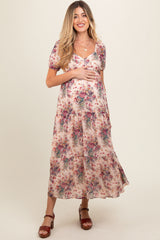 Cream Floral Chiffon Maternity Maxi Dress