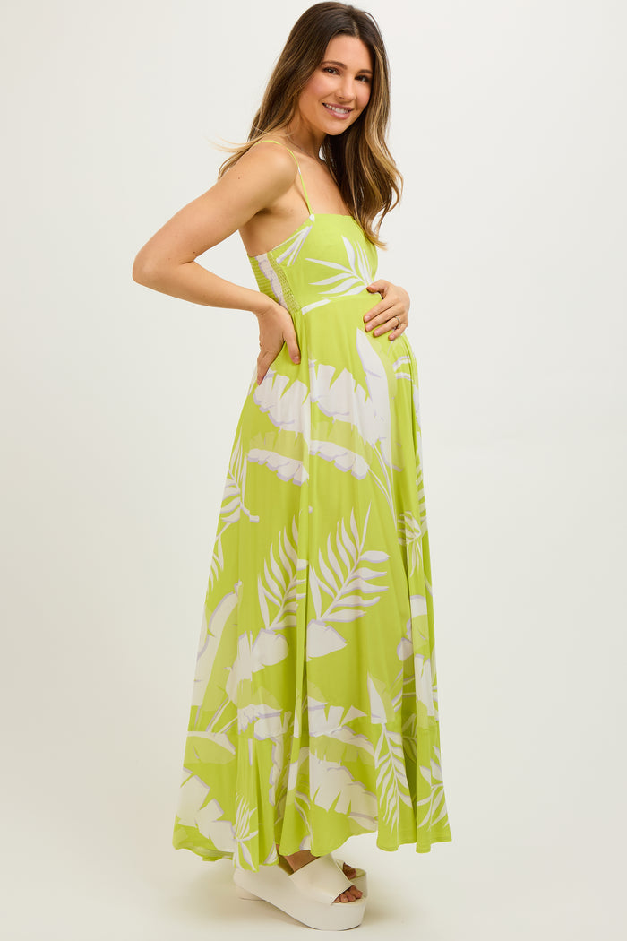 Lime Leaf Print Sleeveless Maternity Maxi Dress