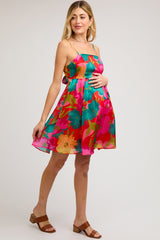 Red Floral Organza Square Neck Back Tie Maternity Dress