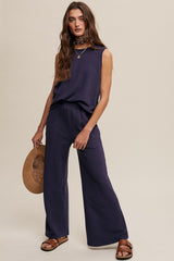 Navy Blue Slub Knit Maternity Pants Set