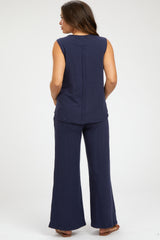 Navy Blue Slub Knit Maternity Pants Set