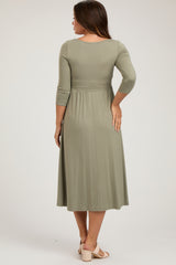 Light Olive Square Neck 3/4 Sleeve Maternity Midi Dress