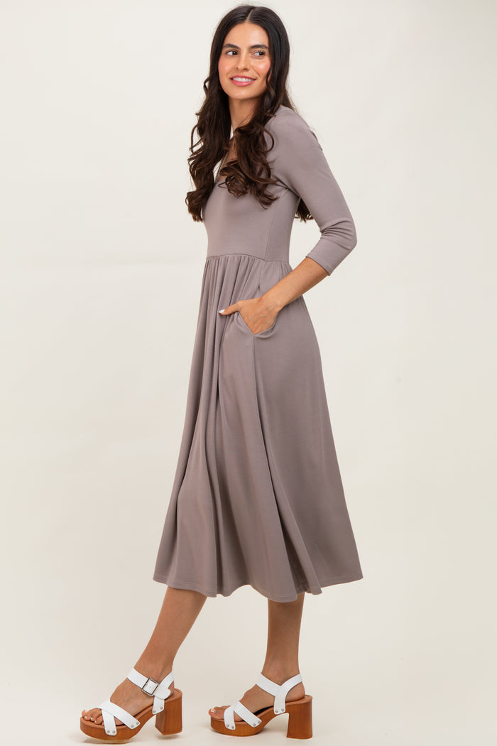 Mocha Square Neck 3/4 Sleeve Midi Dress