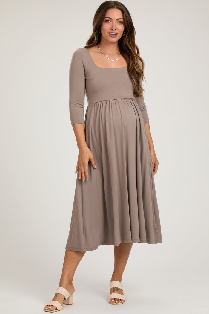 Mocha Square Neck 3/4 Sleeve Maternity Midi Dress