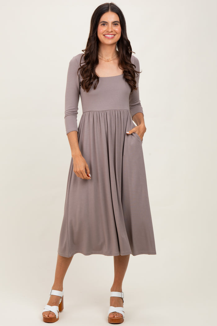 Mocha Square Neck 3/4 Sleeve Midi Dress