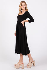 Black Square Neck 3/4 Sleeve Midi Dress