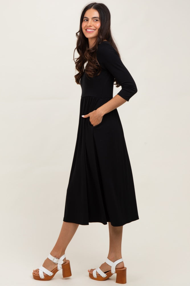 Black Square Neck 3/4 Sleeve Midi Dress