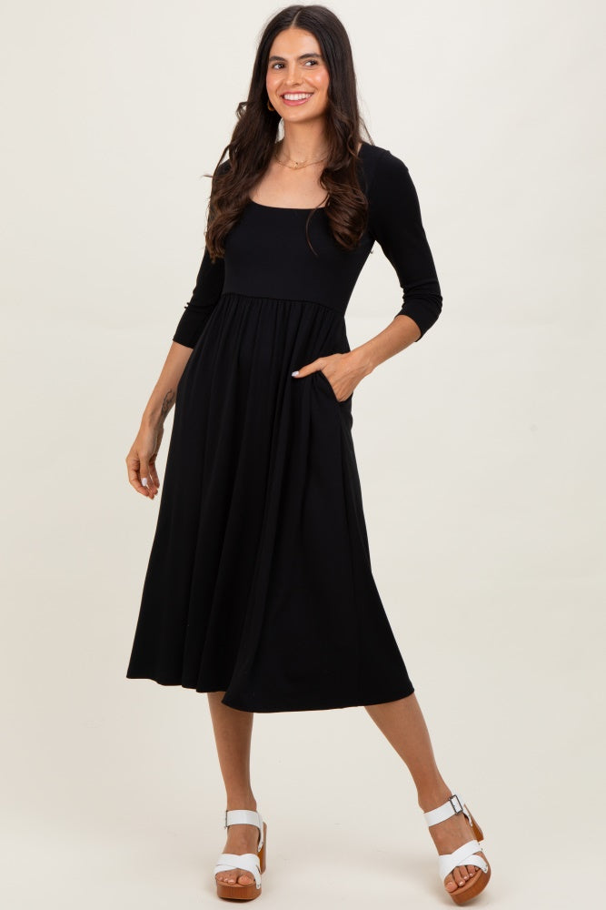 Black Square Neck 3/4 Sleeve Maternity Midi Dress