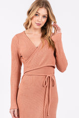 Rust Ribbed Long Sleeve Wrap Nursing Dress