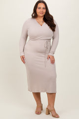 Cream Ribbed Long Sleeve Plus Wrap Nursing Dress