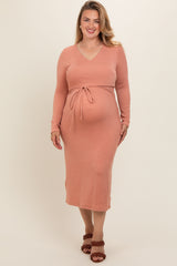 Rust Ribbed Long Sleeve Plus Maternity Wrap Nursing Dress