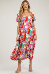 Multi-Color Square Neck Short Puff Sleeve Maternity Dress