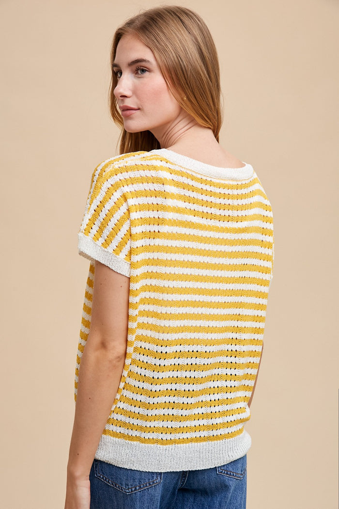 Mustard Striped Knit V-Neck Short Sleeve Top