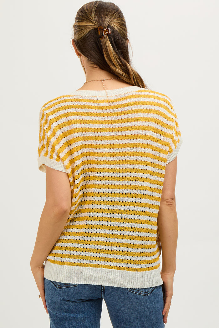 Mustard Striped Knit V-Neck Short Sleeve Maternity Top