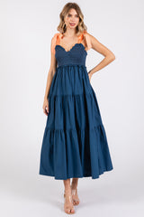 Navy Blue V-Neck Smocked Satin Tie Maternity Midi Dress