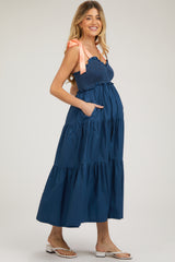 Navy Blue V-Neck Smocked Satin Tie Maternity Midi Dress