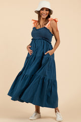 Navy Blue V-Neck Smocked Satin Tie Maternity Midi Dress