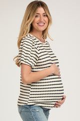 Black Striped Textured Puff Sleeve Maternity Top