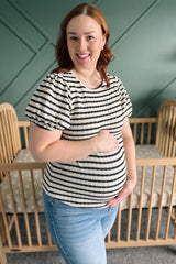 Black Striped Textured Puff Sleeve Maternity Top