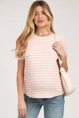 Light Pink Striped Textured Puff Sleeve Maternity Top