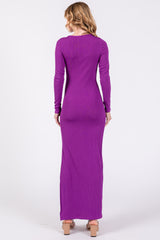 Purple Ribbed Long Sleeve Side Slit Maxi Dress