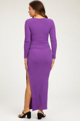 Purple Ribbed Long Sleeve Side Slit Maternity Maxi Dress