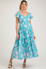 Blue Floral Flutter Sleeve Tiered Maternity Maxi Dress