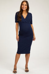 Navy Blue Wrap Top Maternity Midi Dress