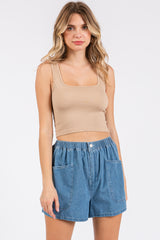 Blue Elastic Waist Denim Shorts