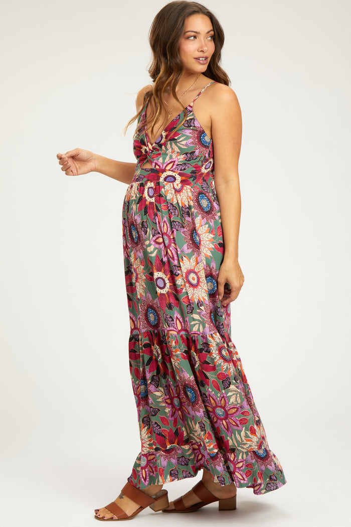 Multicolor Floral Front Twist Maternity Maxi Dress