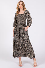 Black Floral Smocked Half Sleeve Maternity Midi Dress